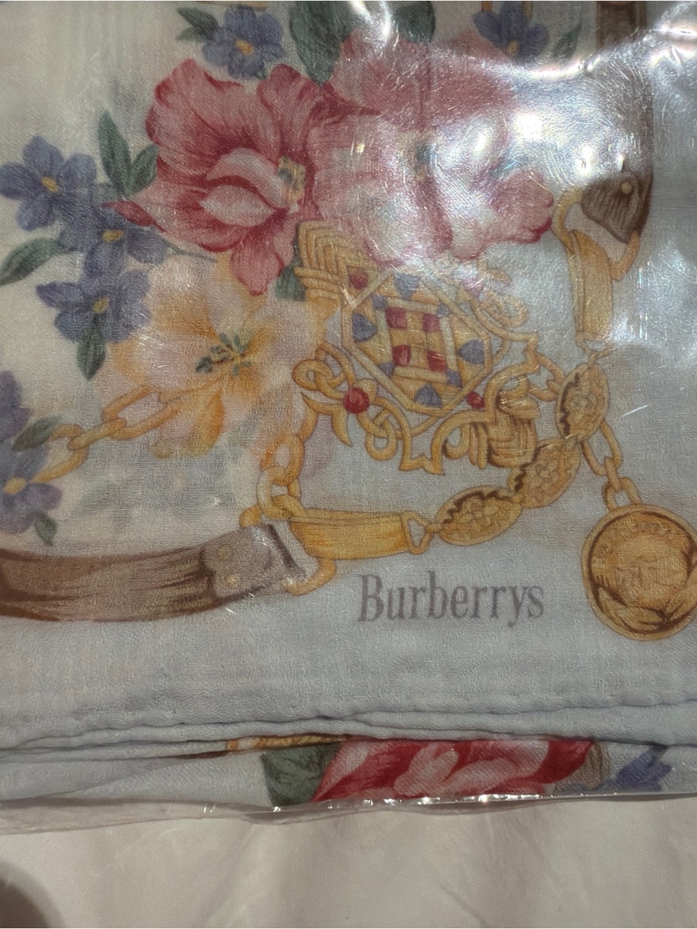 Burberry Light Blue Floral Silk Neck Scarf with Gold Motif - Picture 2 of 2